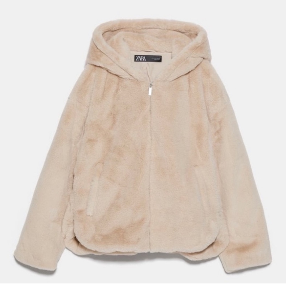 LIKE NEW ZARA Faux Fur Teddy Jacket Coat Hooded Beige Tan Brown Soft Cozy Bomber - Picture 2 of 9
